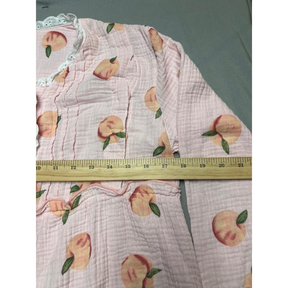 Pink Peach Print Cotton Gauze Pajama Set Lace Trim Long Sleeve Pants M - Picture 3 of 7